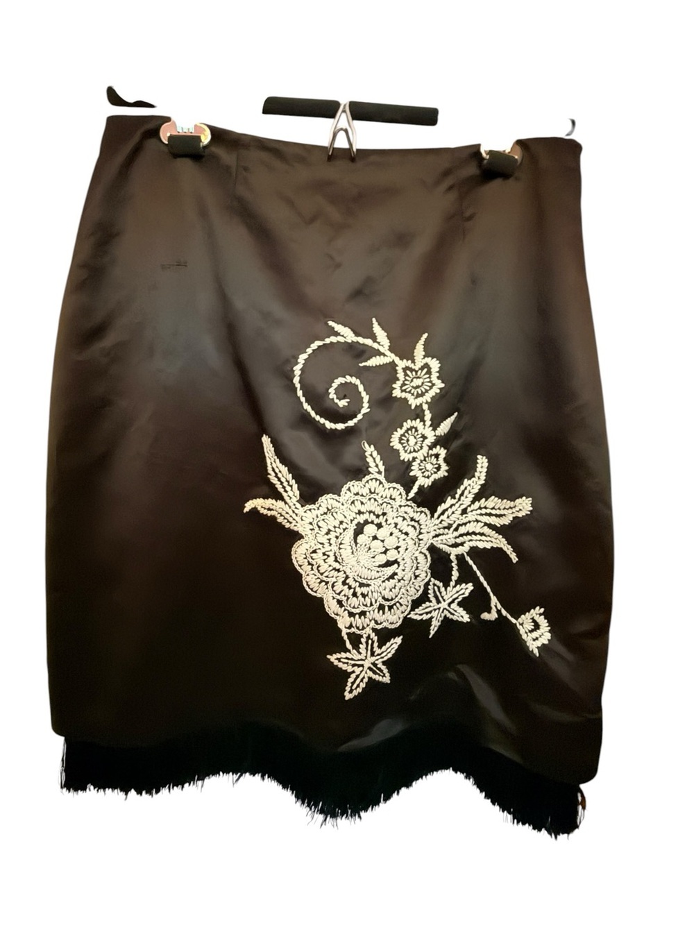 Black MICA Embroidered Floral Pencil Skirt with fringe